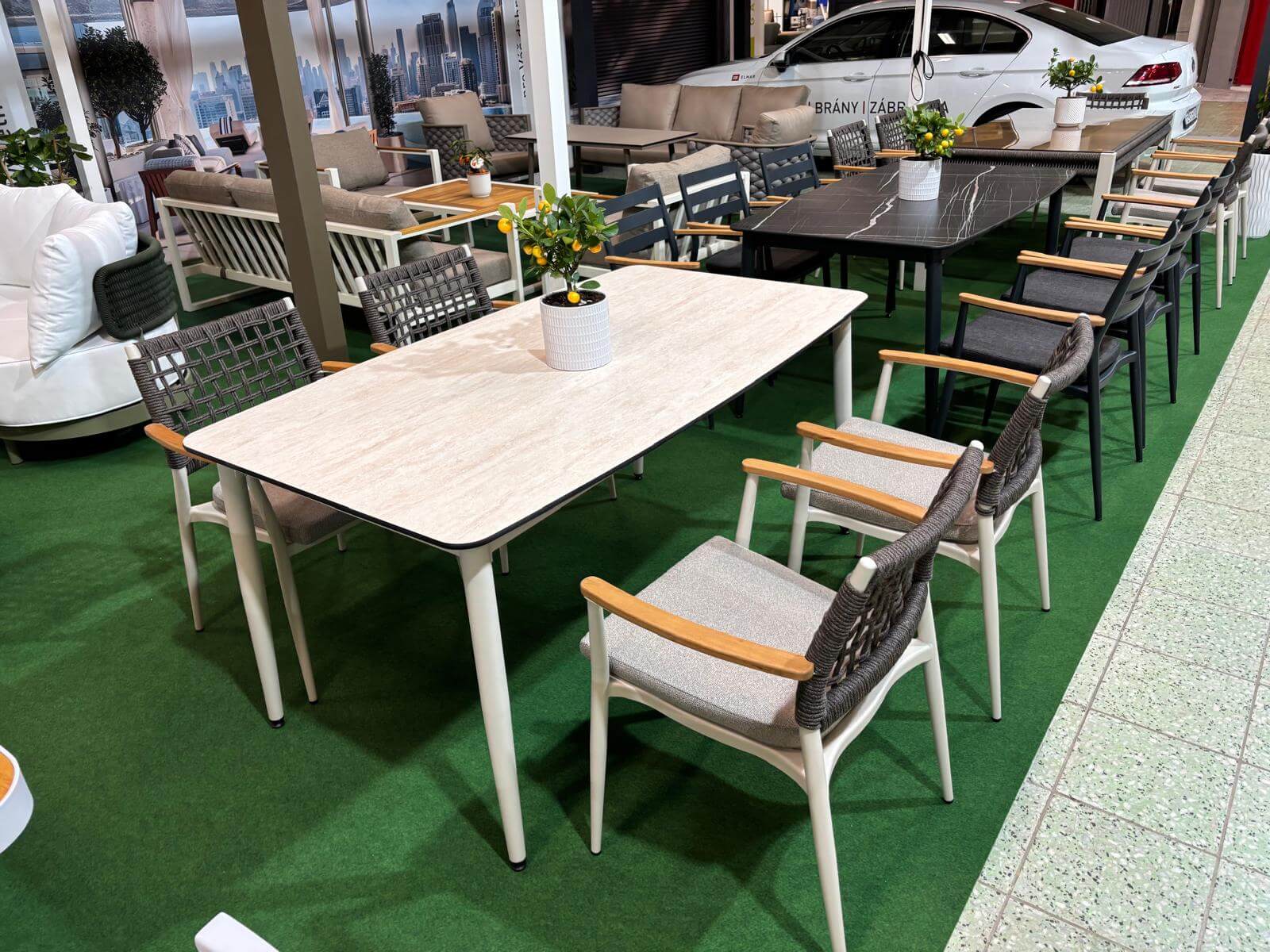 Záhradné sedenie EFE DINNING 90/180 set 6 krémová/biela/šedá