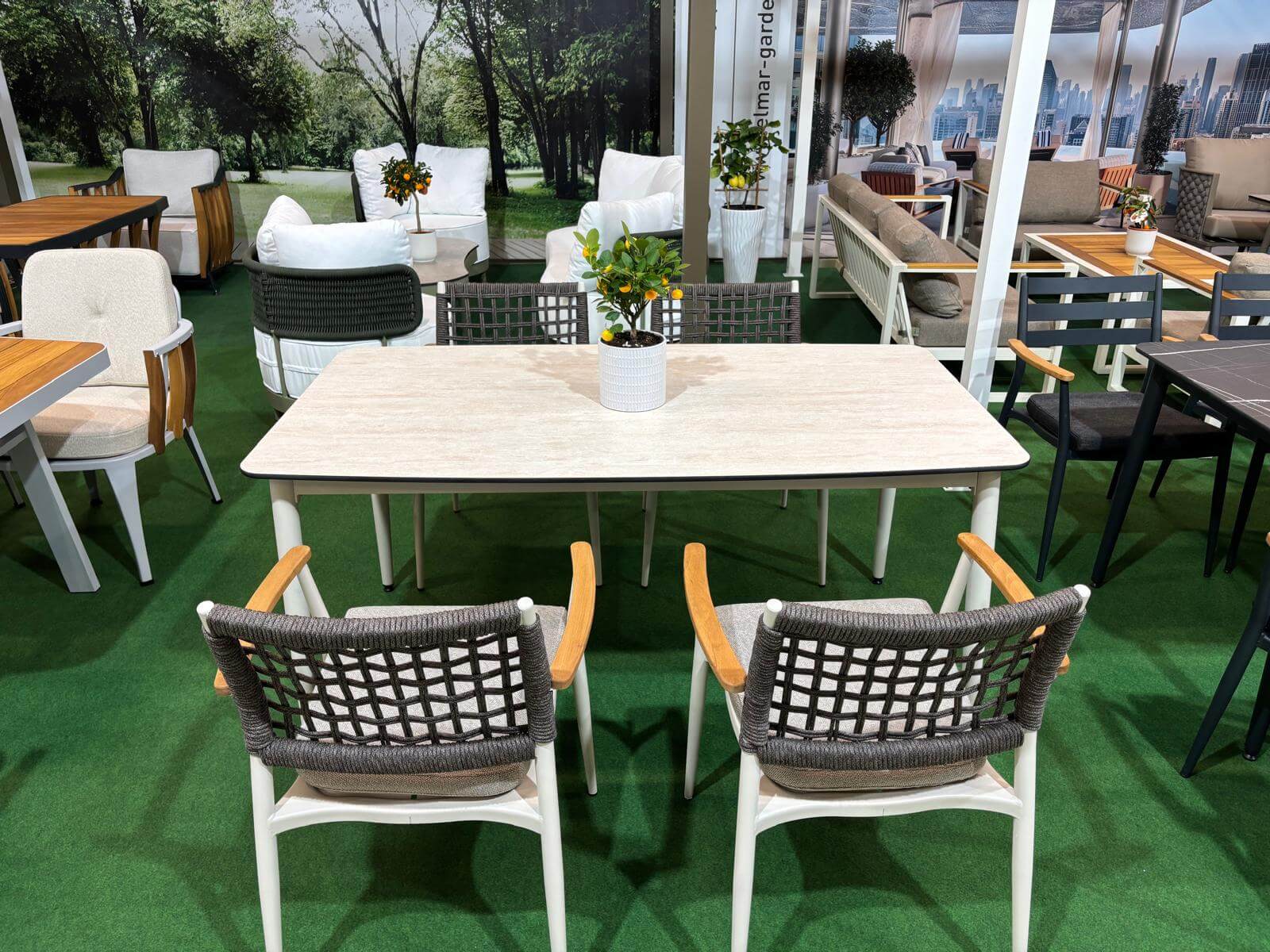 Záhradné sedenie EFE DINNING 90/180 set 6 krémová/biela/šedá