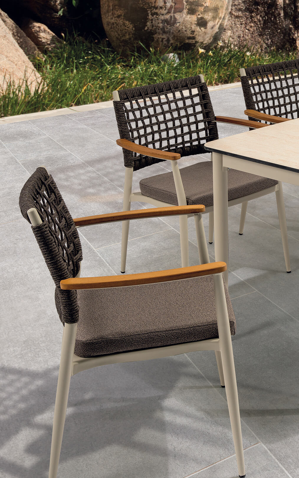 Záhradné sedenie EFE DINNING 90/180 set 6 krémová/biela/šedá stolička