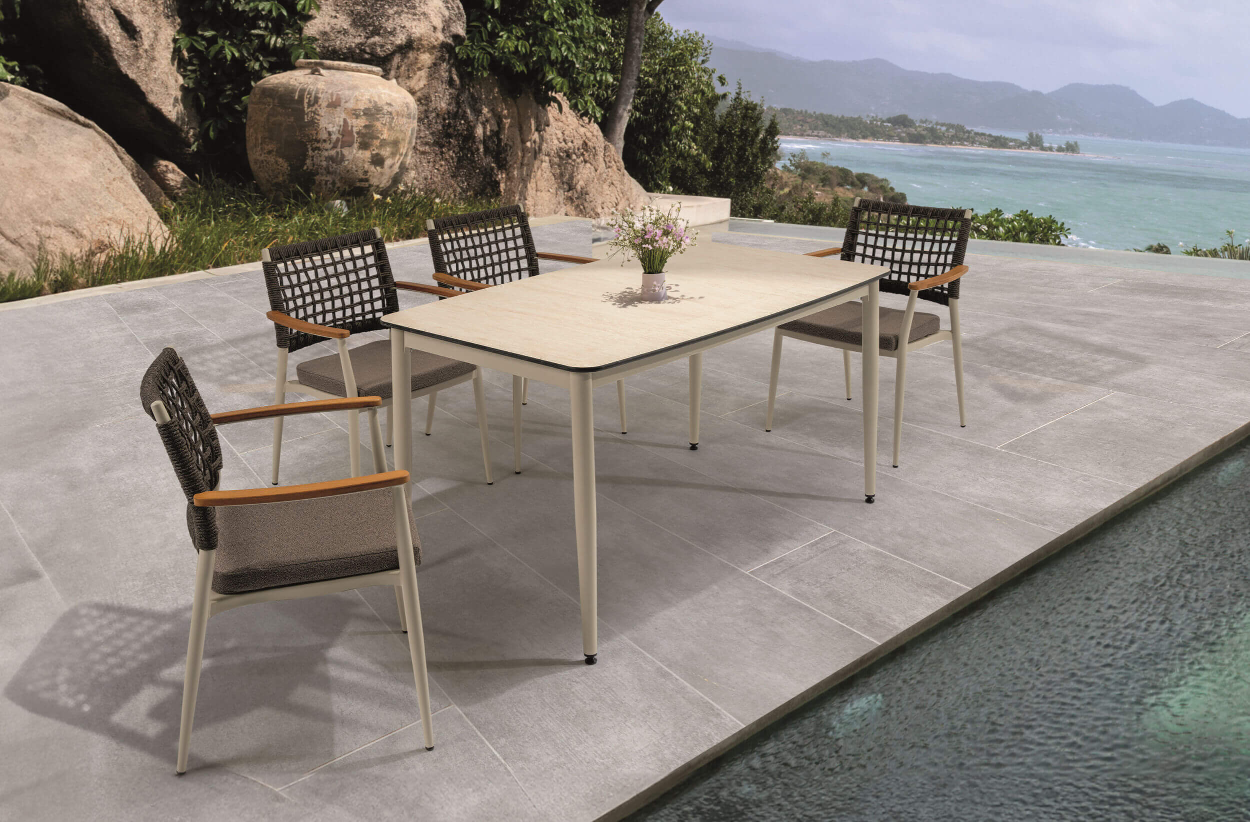 Záhradné sedenie EFE DINNING 90/180 set 6 krémová/biela/šedá